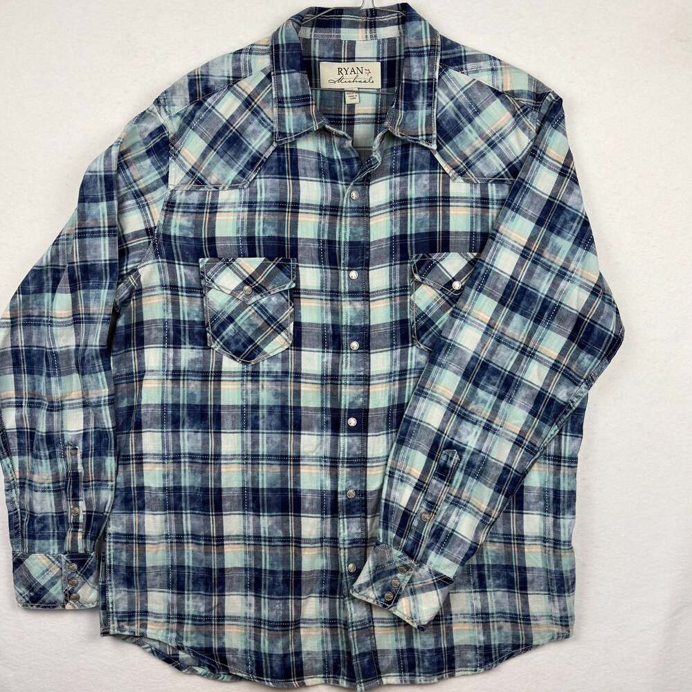 Ryan Michael Mens XL Blue Plaid Western Shirt Full Buffalo Nickel Pearl Snaps